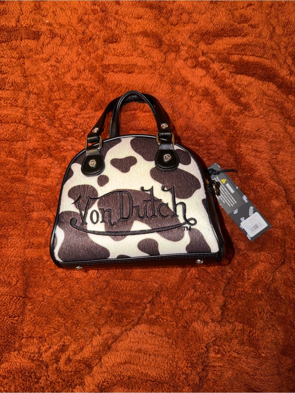 Von Dutch Brown & White Cow Print Satchel with Black Trim